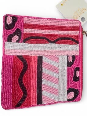 KayLee New York Beaded Coin Purse Pink Abstract Seed Bead Zip Pouch